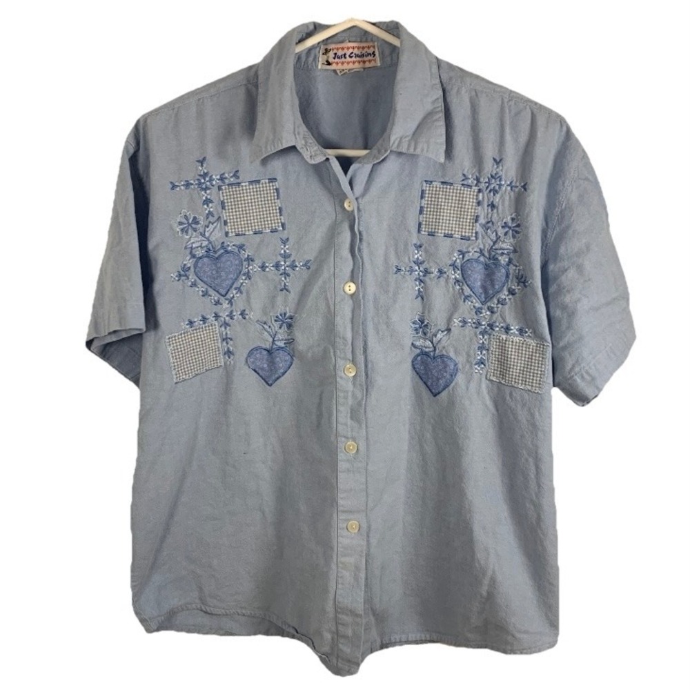 Vintage Just Cruisins Embroidered Heart Patchwork Shirt M Cottagecore Grandma
